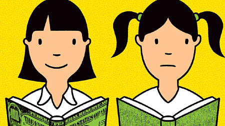 Two cartoon girls stand holding books. 