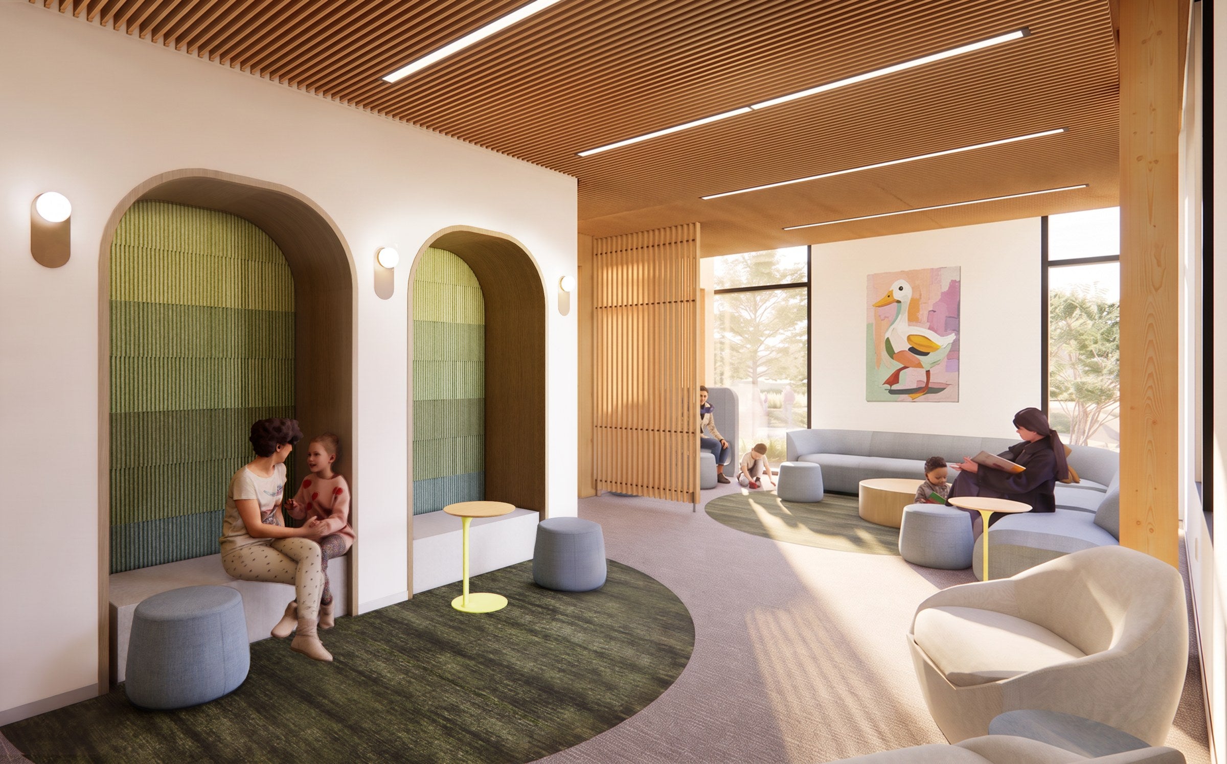 Rendering of a sunlit family waiting area in the Tykeson Child Behavioral Health Building, with arched seating nooks and children playing