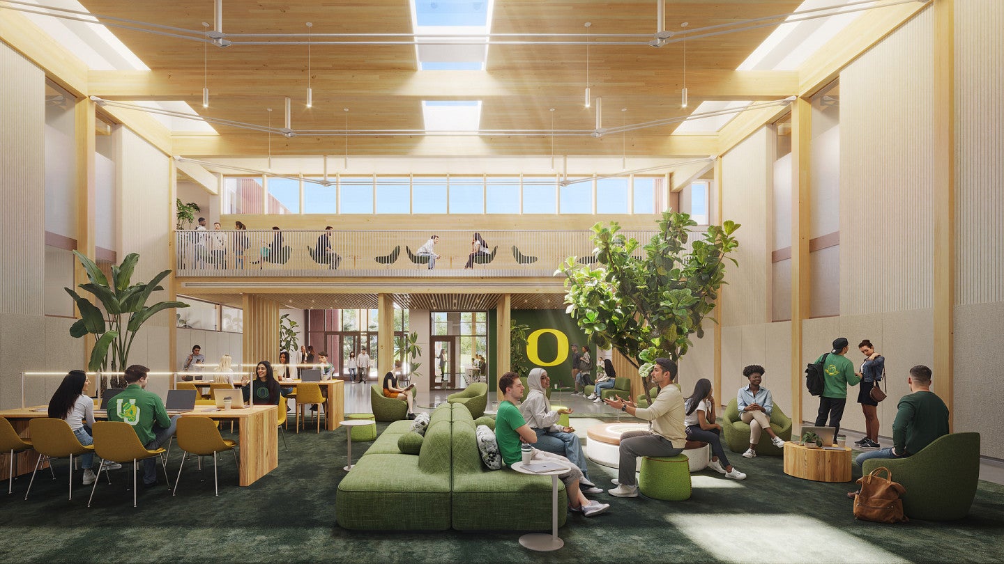 Architectural rendering of a brightly lit, indoor community space with greenery and students. An Oregon "O" is visible in the background.