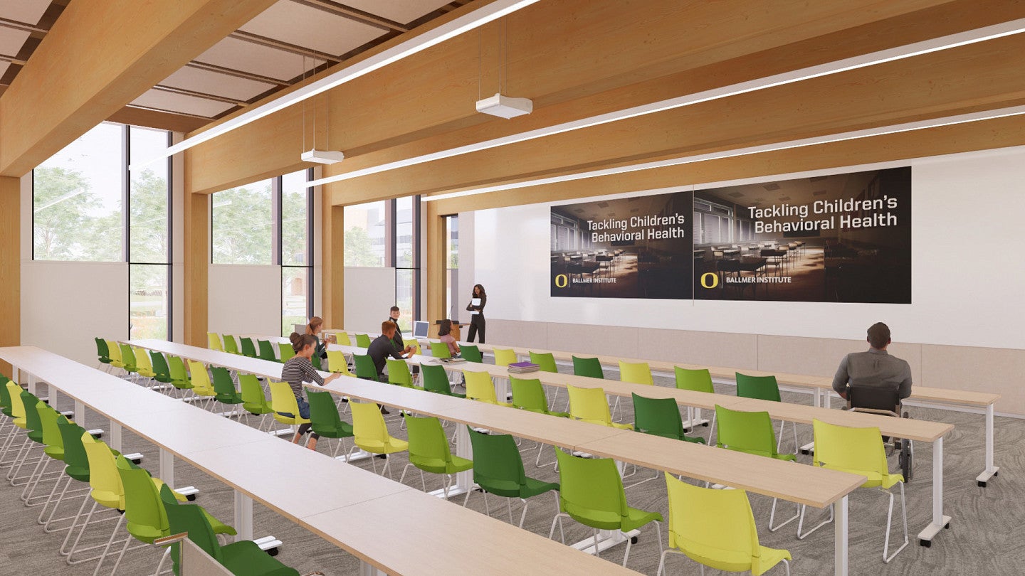 Architectural rendering of a brightly lit classroom with white tables and green chairs in rows