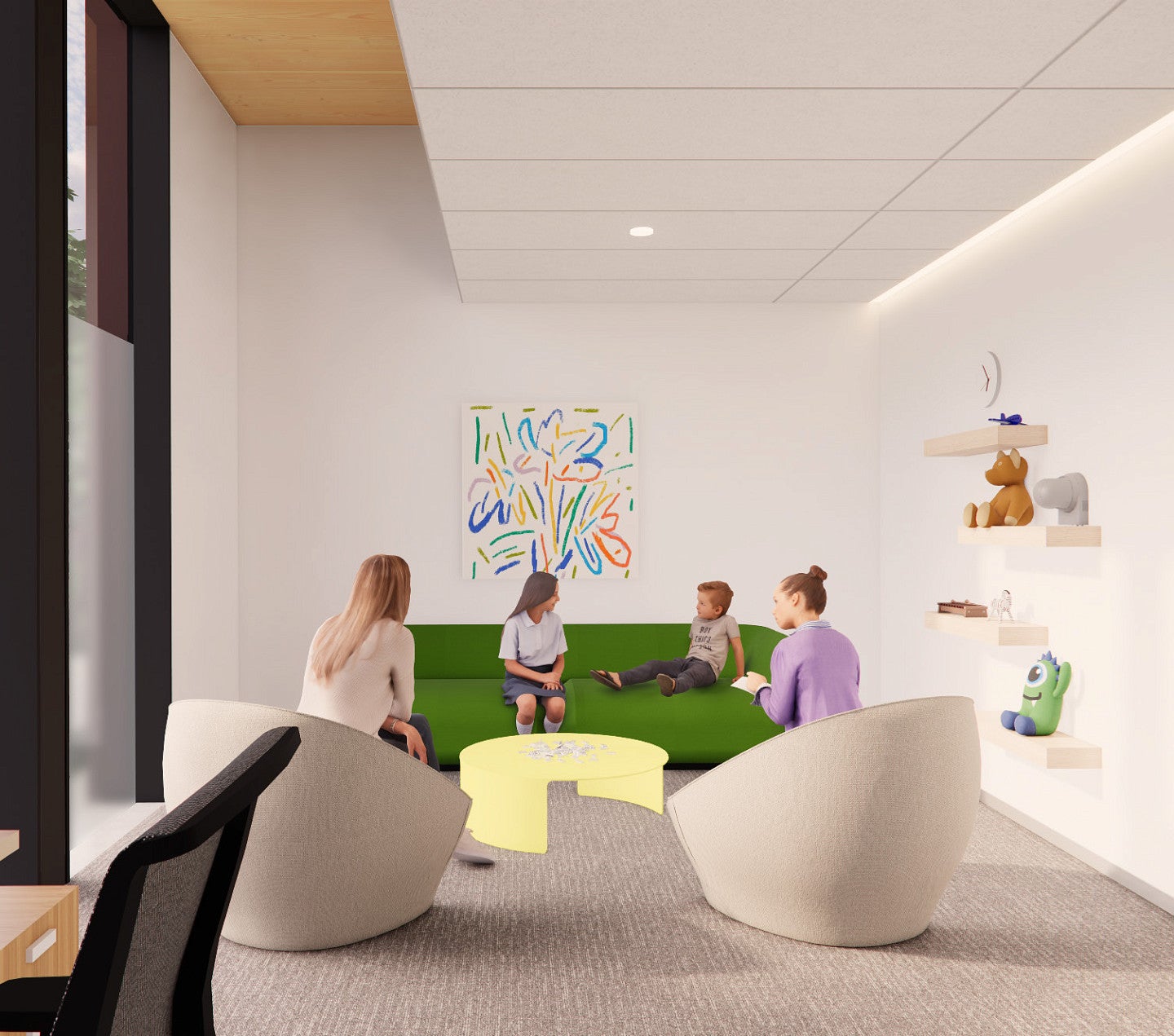 Rendering of clinicians and students interacting with children in a playful space