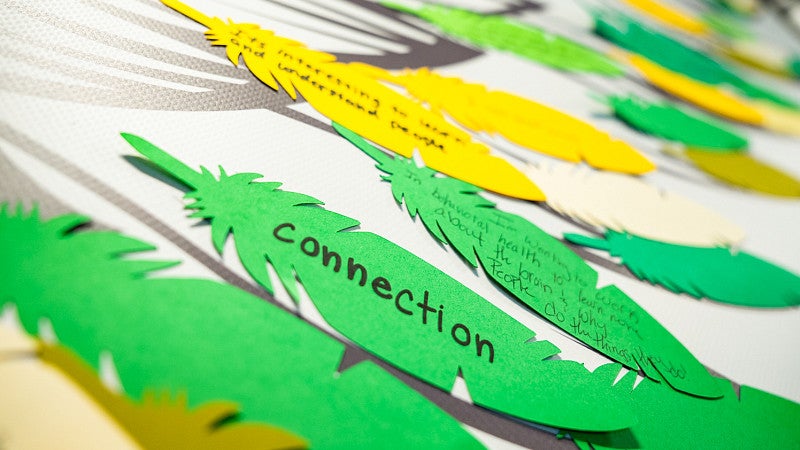 green and yellow paper feather cutouts with words written on them