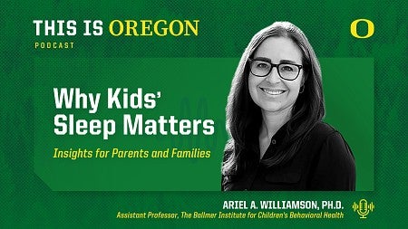 A graphic featuring a professor advertising the This is Oregon Podcast