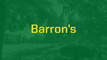 Banner with a green overlay over an image of UO Portland campus and the words "Barron's" in yellow text