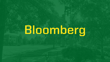Banner with a green overlay over an image of UO Portland campus and the words "Bloomberg" in yellow text