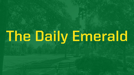 Banner with a green overlay over an image of UO Portland campus and the words "The Daily Emerald" in yellow text