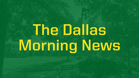 Banner with a green overlay over an image of UO Portland campus and the words "The Dallas Morning News" in yellow text