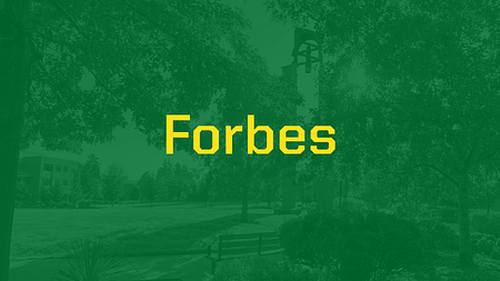 Banner with a green overlay over an image of UO Portland campus and the words "Forbes" in yellow text