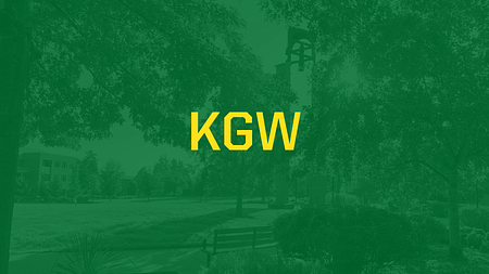 Banner with a green overlay over an image of UO Portland campus and the words "KGW" in yellow text