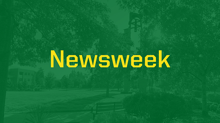 Banner with a green overlay over an image of UO Portland campus and the words "Newsweek" in yellow text