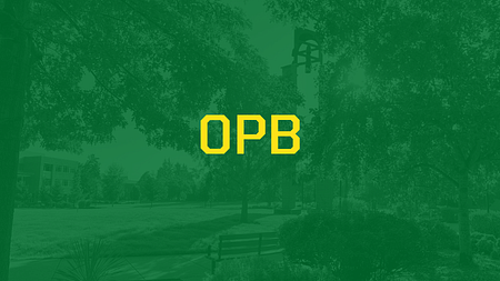 Banner with a green overlay over an image of UO Portland campus and the words "OPB" in yellow text