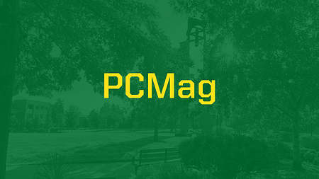 Banner with a green overlay over an image of UO Portland campus and the words "PCMag" in yellow text