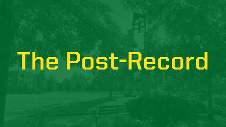 Banner with a green overlay over an image of UO Portland campus and the words "The Post-Record" in yellow text