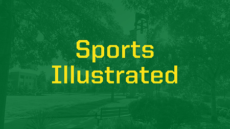 Banner with a green overlay over an image of UO Portland campus and the words "Sports Illustrated" in yellow text