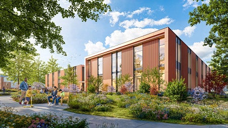 a detailed rendering of the exterior of the future building housing the Ballmer Institute for Children's Behavioral Health at the University of Oregon's Portland campus